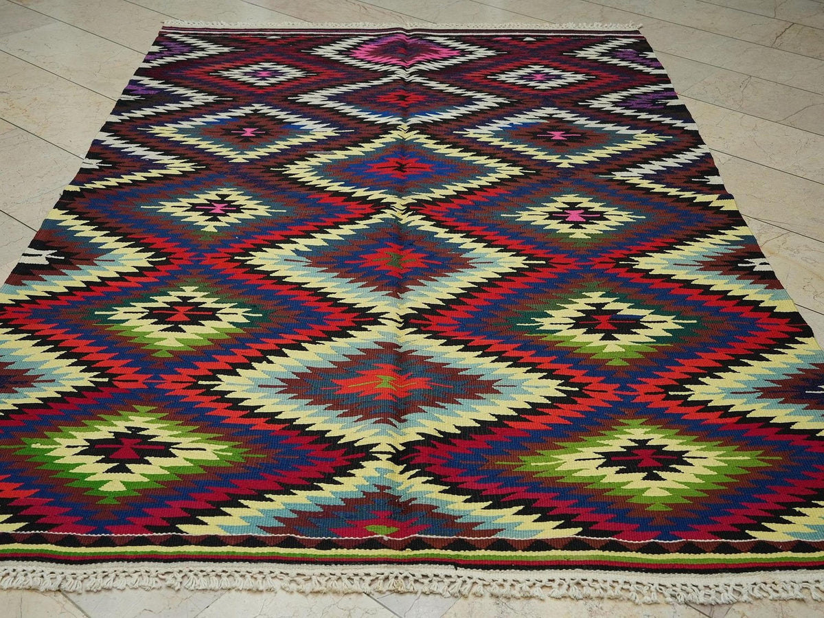 Colorful Vintage Turkish Kilim Rug: 5.8"x8.4" Handmade  Flat Weave Area Rugs.