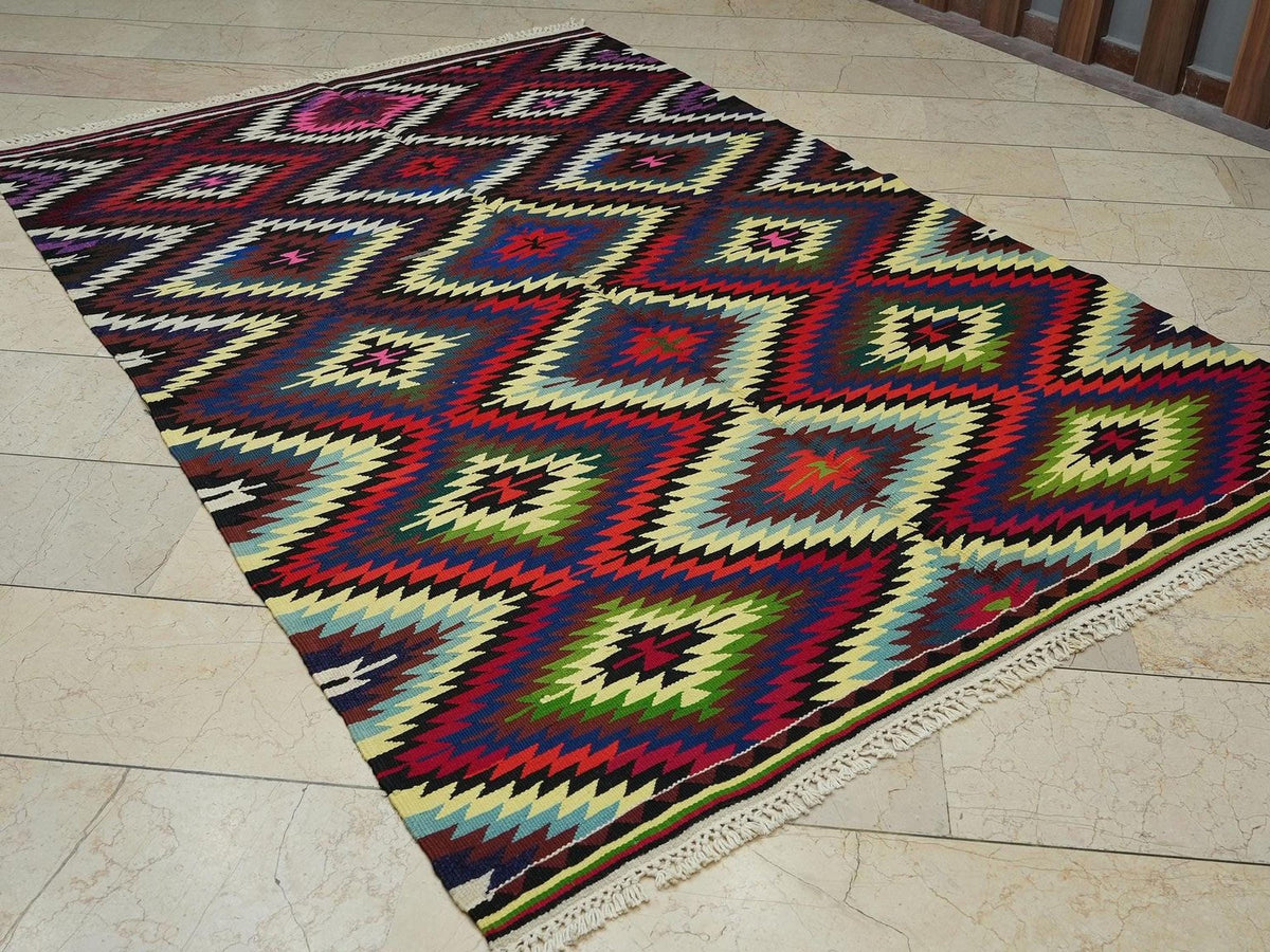 Colorful Vintage Turkish Kilim Rug: 5.8"x8.4" Handmade  Flat Weave Area Rugs.