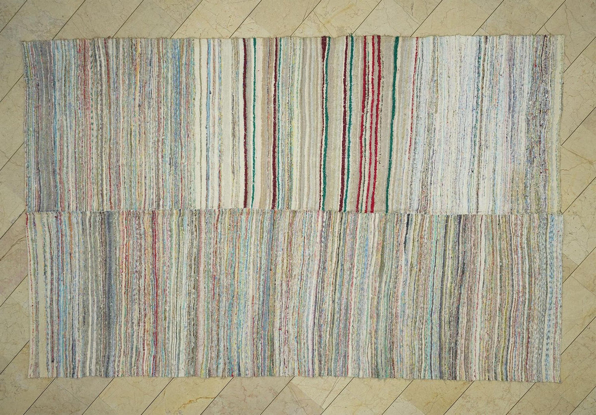 Large Flat Weave Turkish Rag Rug: 7.6"x12" Feet,Handwoven Kilim Rugs.
