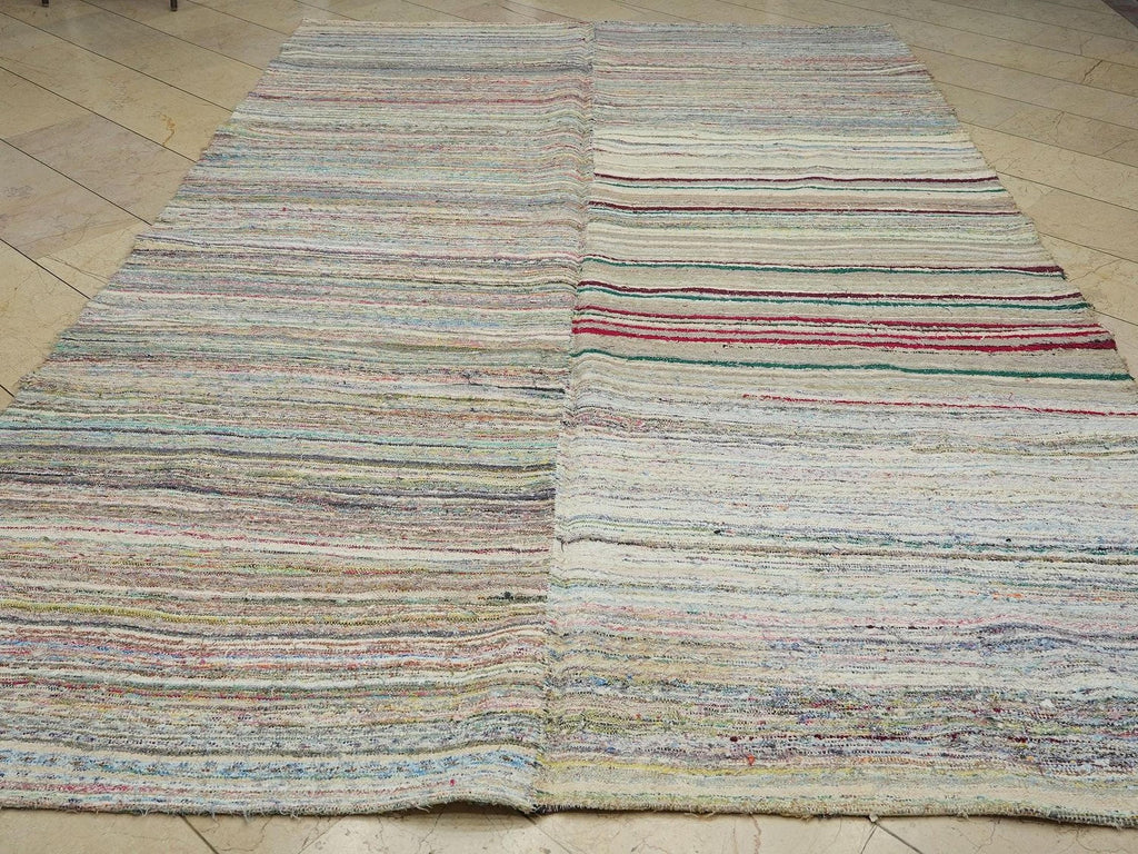 Large Flat Weave Turkish Rag Rug: 7.6"x12" Feet,Handwoven Kilim Rugs.