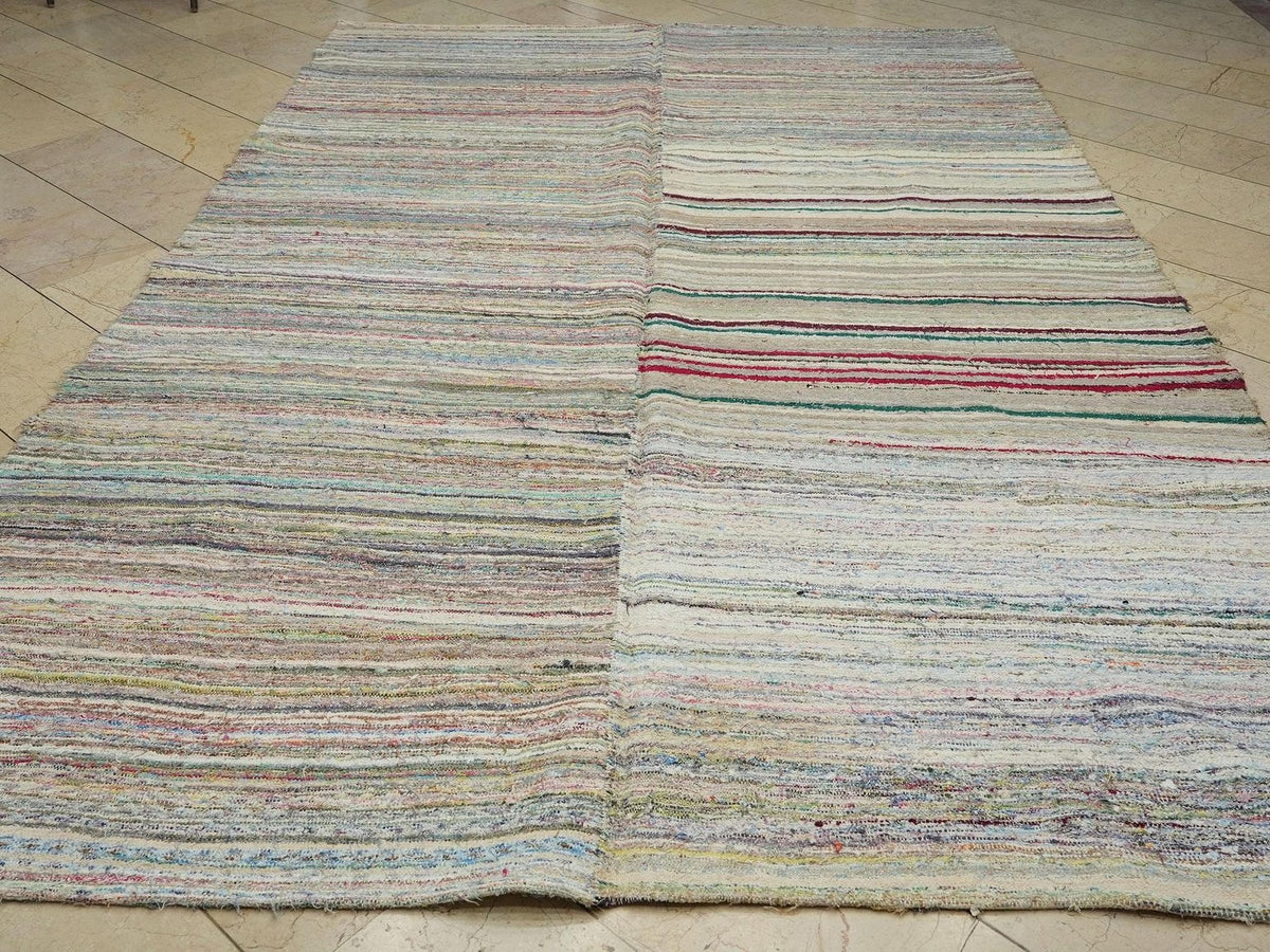 Large Flat Weave Turkish Rag Rug: 7.6"x12" Feet,Handwoven Kilim Rugs.