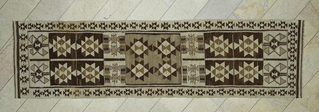Vintage Turkish Kilim Rug Runner: Brown Cream Wool, 3"x11.3" Feet
