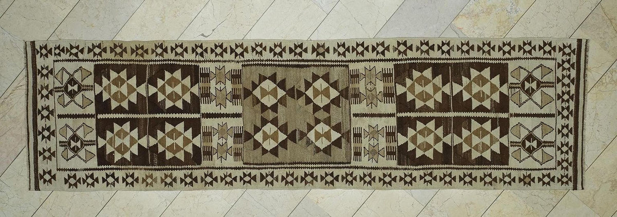 Vintage Turkish Kilim Rug Runner: Brown Cream Wool, 3"x11.3" Feet