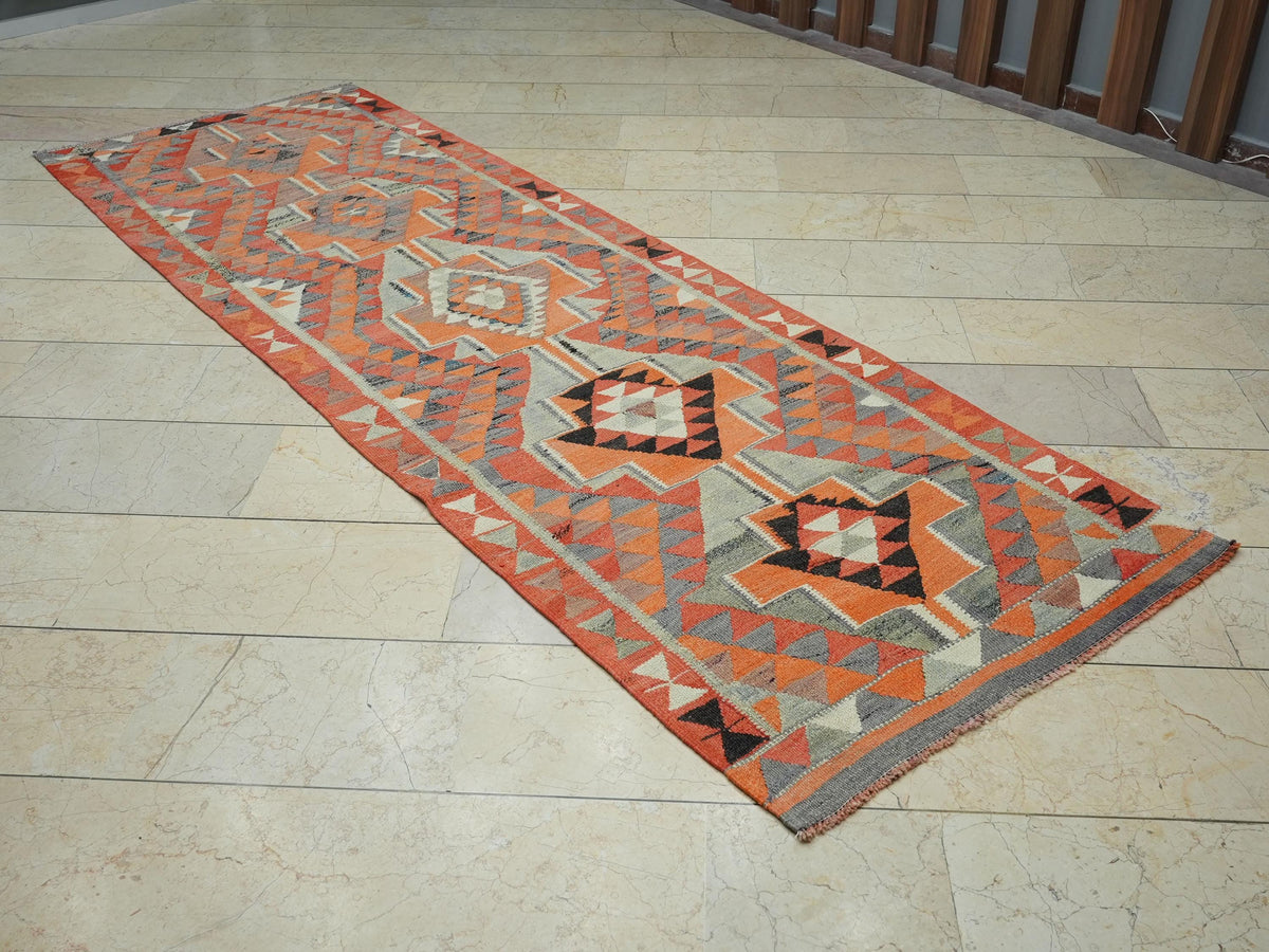 Vintage Turkish Kilim Rug Runner: Orange Wool Flat Woven Rugs. 3,4x10,3 Feet.