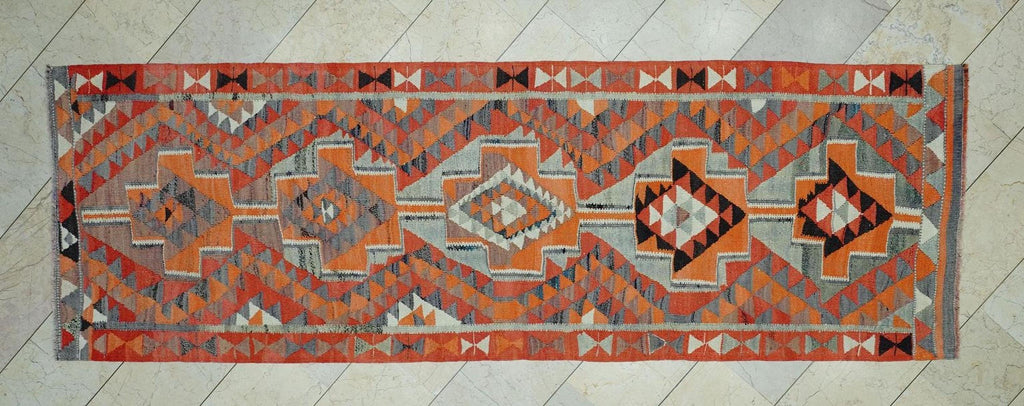 Vintage Turkish Kilim Rug Runner: Orange Wool Flat Woven Rugs. 3,4x10,3 Feet.