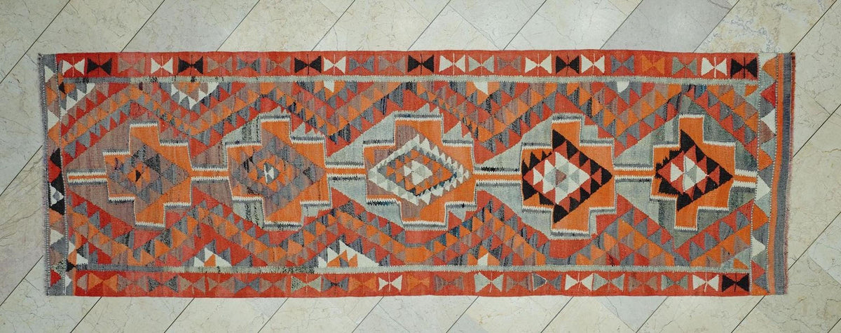 Vintage Turkish Kilim Rug Runner: Orange Wool Flat Woven Rugs. 3,4x10,3 Feet.