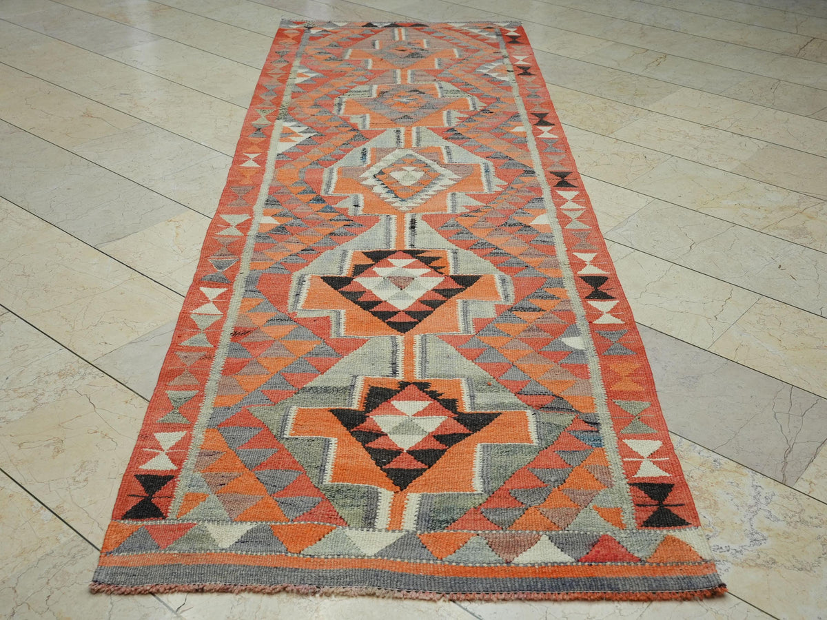 Vintage Turkish Kilim Rug Runner: Orange Wool Flat Woven Rugs. 3,4x10,3 Feet.