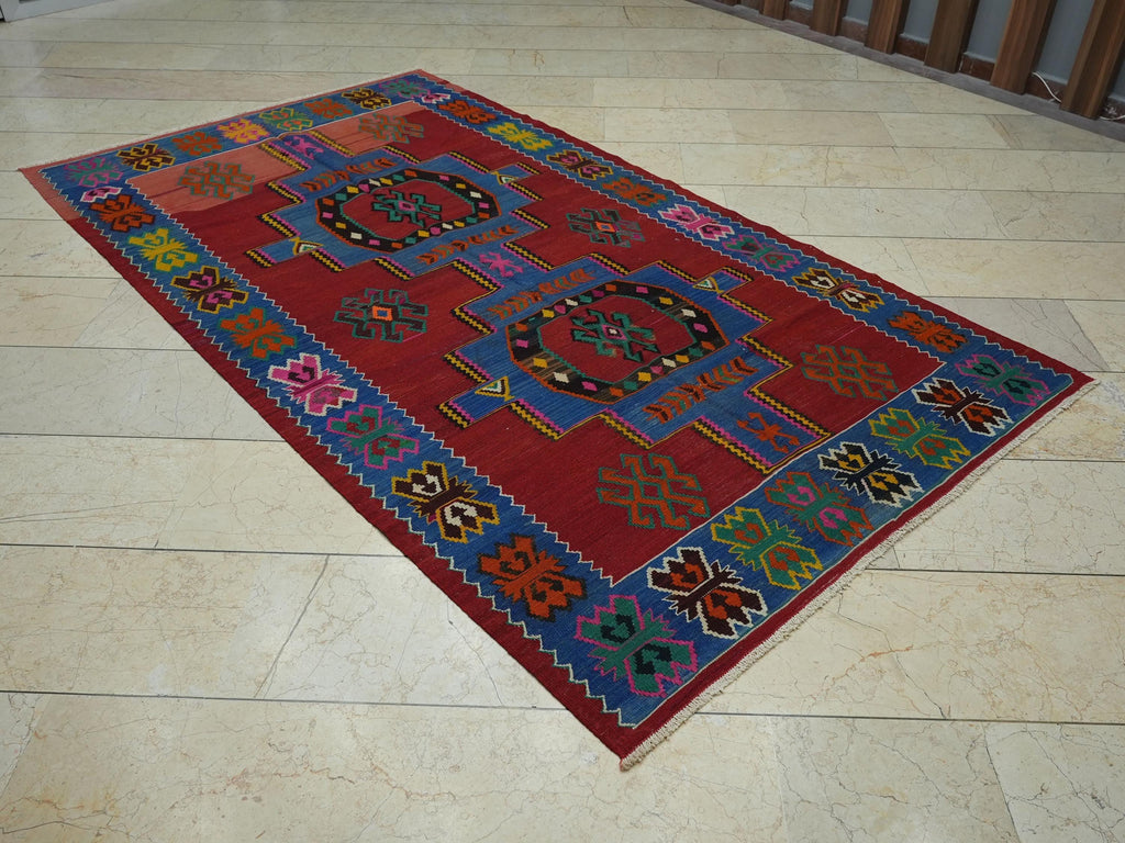 Blue & Red Turkish Kilim Rug: 4.9x8.6 Ft, Rare Pattern Antique Flat Weave Rugs.