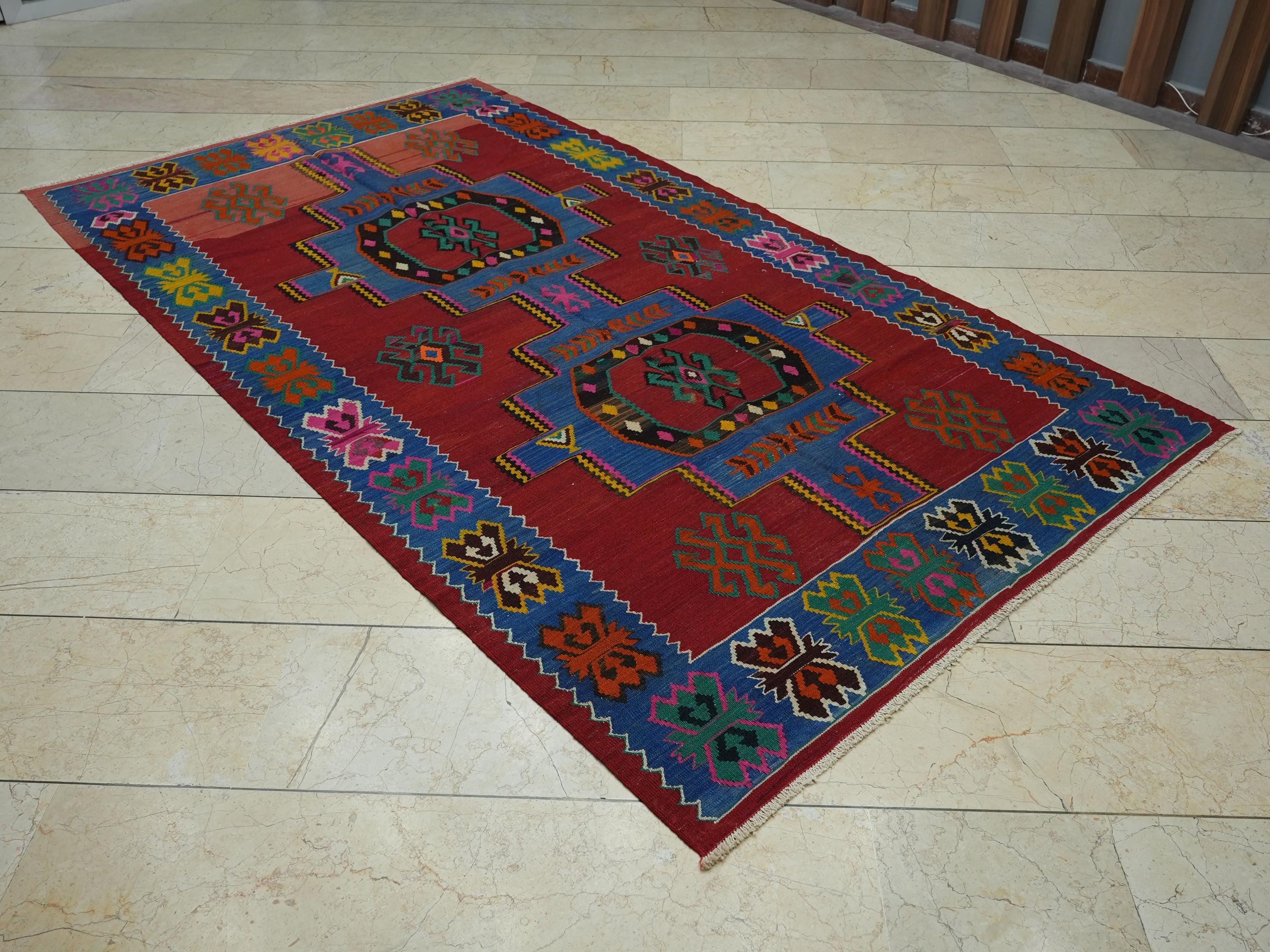 Blue & Red Turkish Kilim Rug: 4.9x8.6 Ft, Rare Pattern Antique Flat Weave Rugs.
