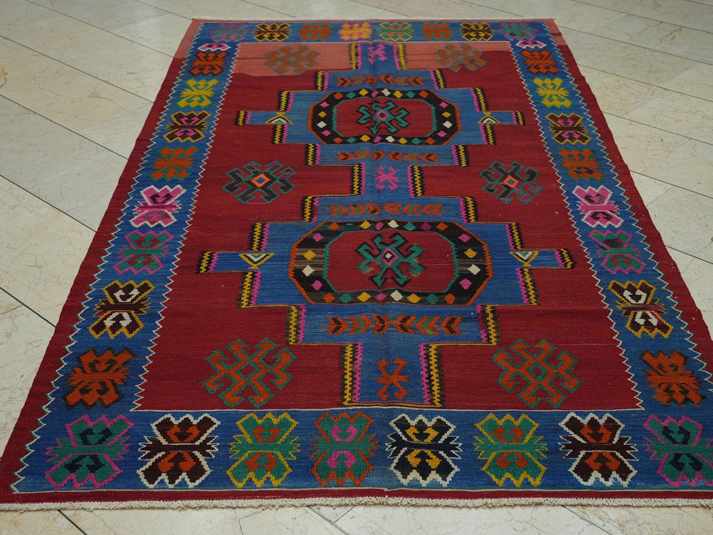 Blue & Red Turkish Kilim Rug: 4.9x8.6 Ft, Rare Pattern Antique Flat Weave Rugs.