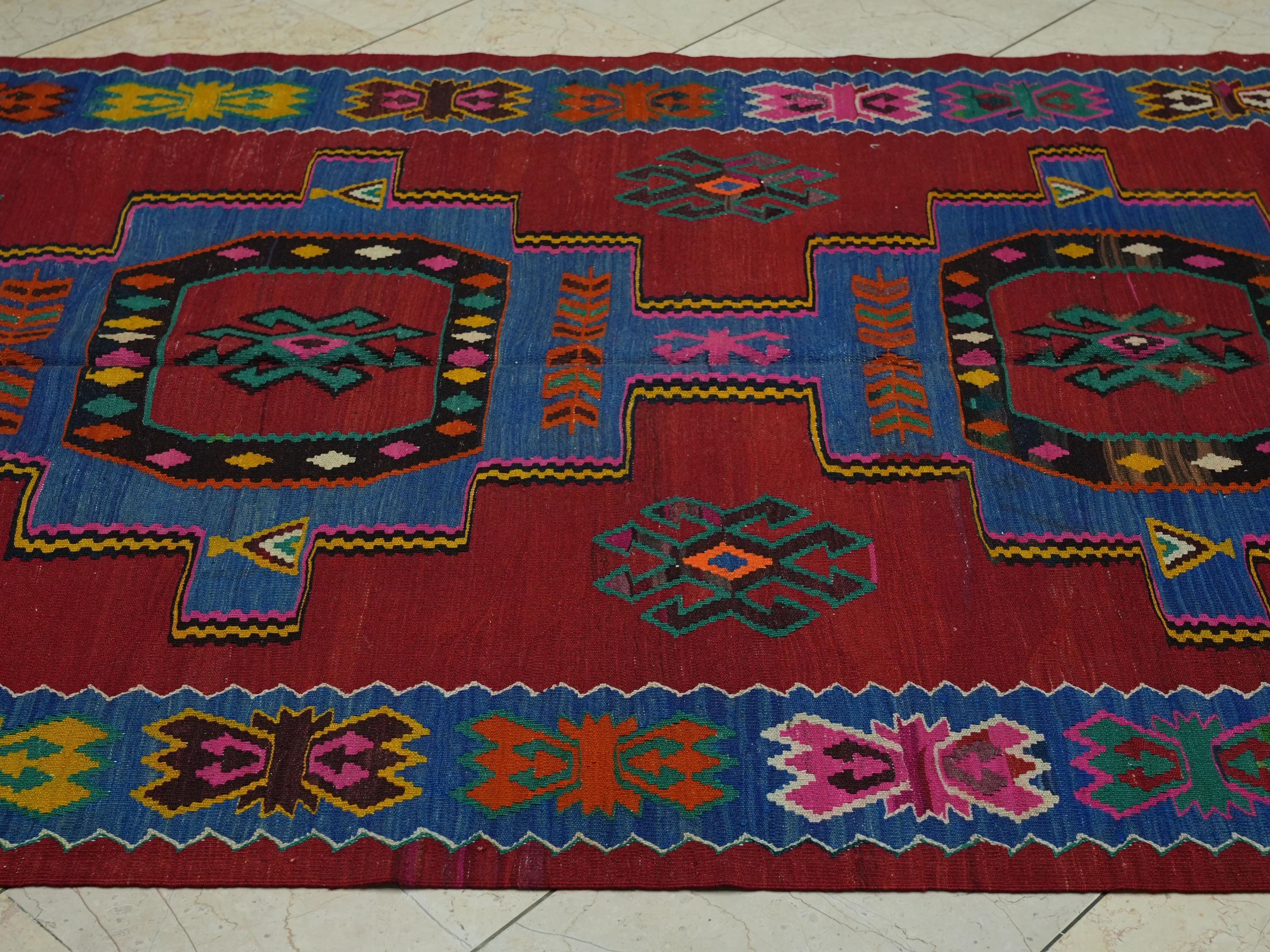 Blue & Red Turkish Kilim Rug: 4.9x8.6 Ft, Rare Pattern Antique Flat Weave Rugs.