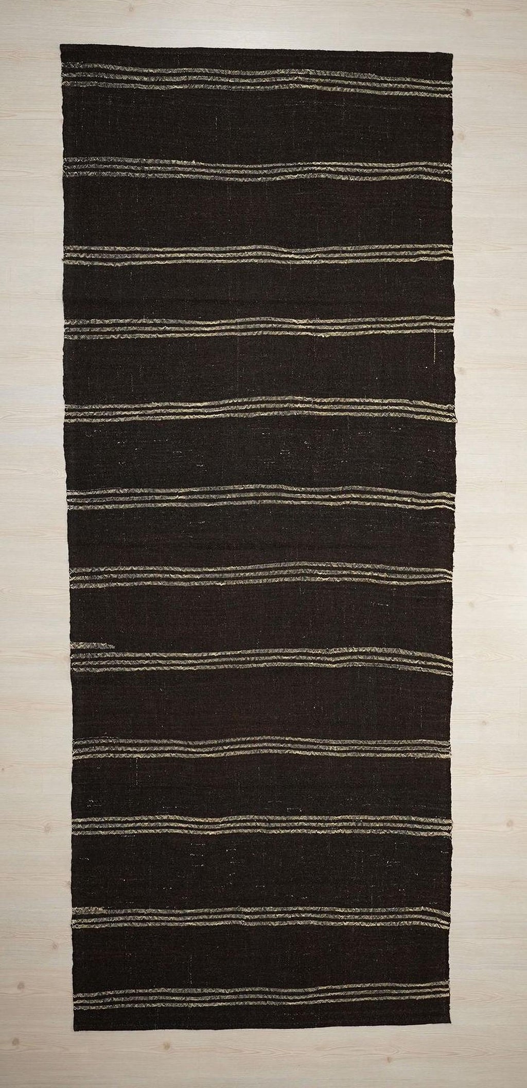 Long Goat Hair Kilim Rug: 4.3x10.9 ft, Striped Flat Weave Dark Brown Rugs.