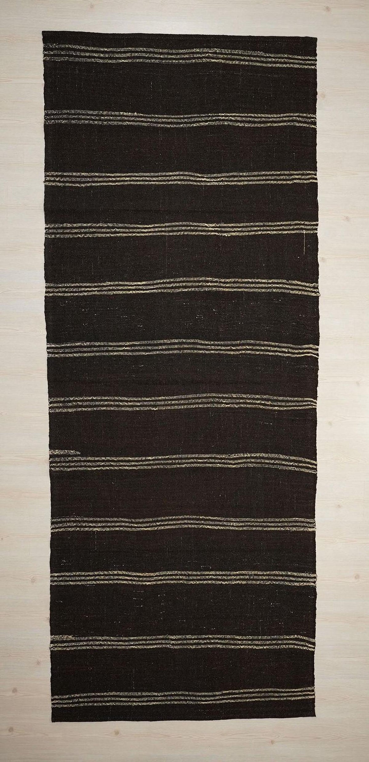 Long Goat Hair Kilim Rug: 4.3x10.9 ft, Striped Flat Weave Dark Brown Rugs.