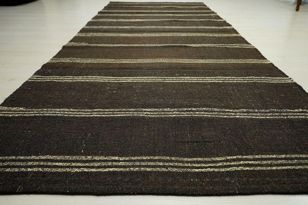 Long Goat Hair Kilim Rug: 4.3x10.9 ft, Striped Flat Weave Dark Brown Rugs.