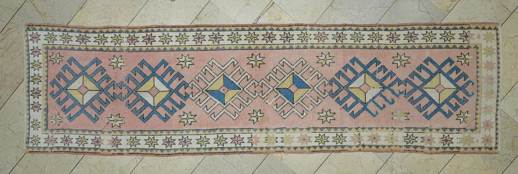3x10 Blue & Salmon Pink Turkish Runner Rug: Kitchen Floor Decor Handmade Wool Rugs.