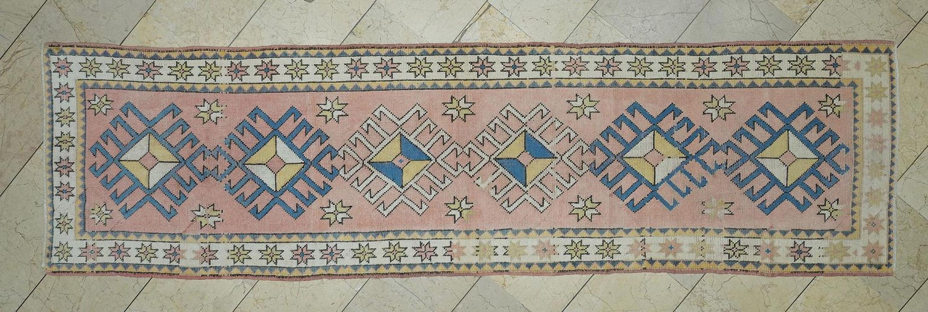 3x10 Blue & Salmon Pink Turkish Runner Rug: Kitchen Floor Decor Handmade Wool Rugs.