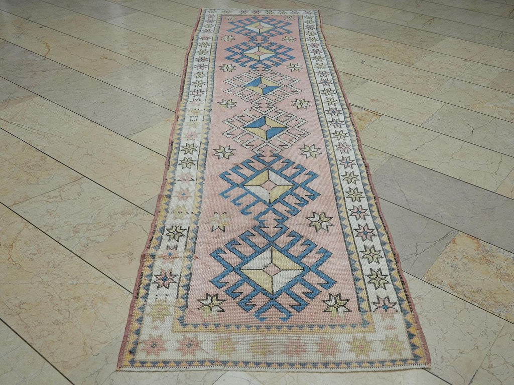 3x10 Blue & Salmon Pink Turkish Runner Rug: Kitchen Floor Decor Handmade Wool Rugs.