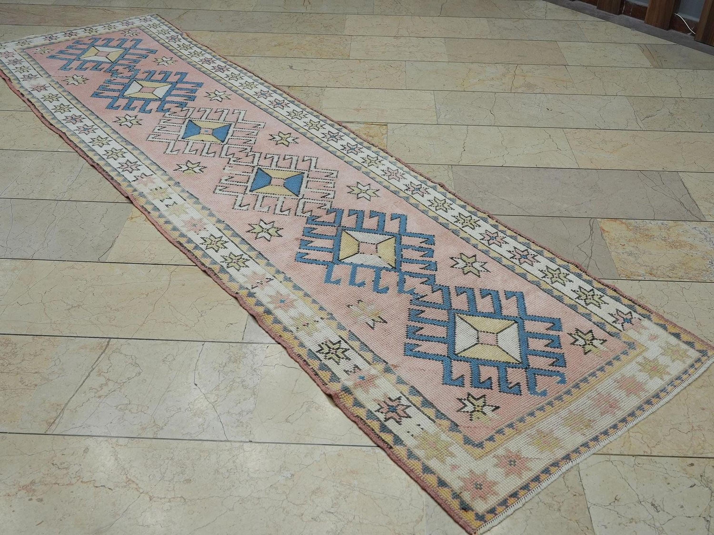 3x10 Blue & Salmon Pink Turkish Runner Rug: Kitchen Floor Decor Handmade Wool Rugs.