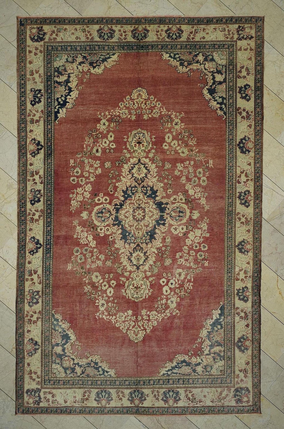 1930s Turkish Carpet Rug: 7.4x12 ft, Handmade Wool, Geometric Design Rugs.