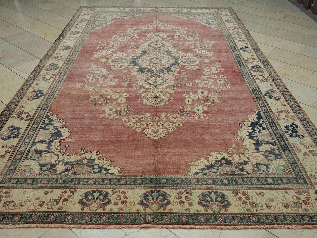 1930s Turkish Carpet Rug: 7.4x12 ft, Handmade Wool, Geometric Design Rugs.