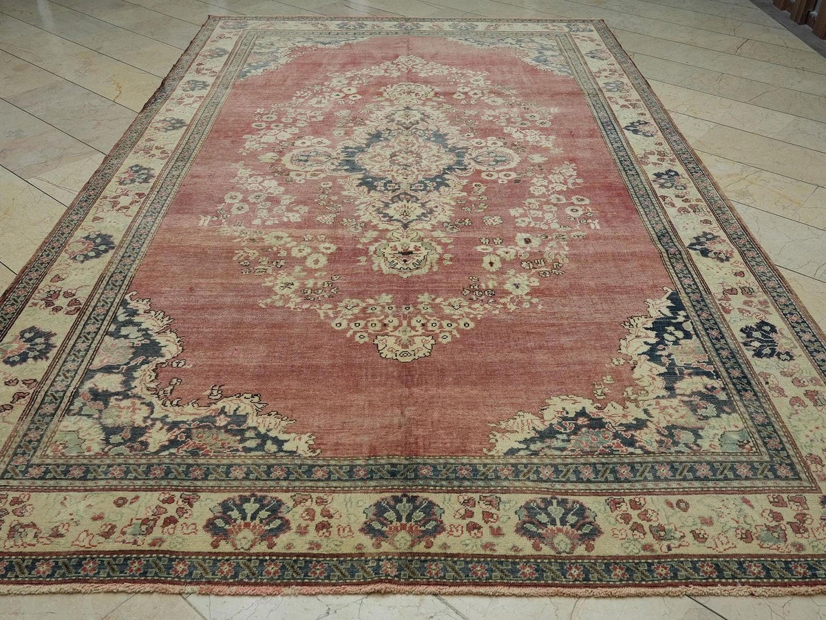 1930s Turkish Carpet Rug: 7.4x12 ft, Handmade Wool, Geometric Design Rugs.