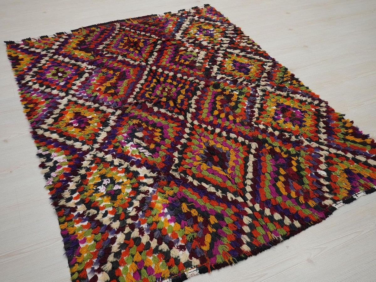 Vintage Turkish Tulu Rug: 4x6 Colorful Wool Kilim, Fireplace Decor