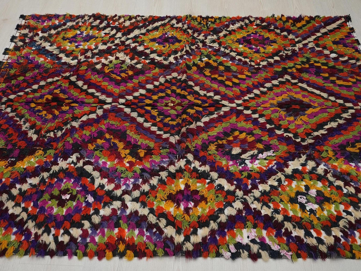 Vintage Turkish Tulu Rug: 4x6 Colorful Wool Kilim, Fireplace Decor
