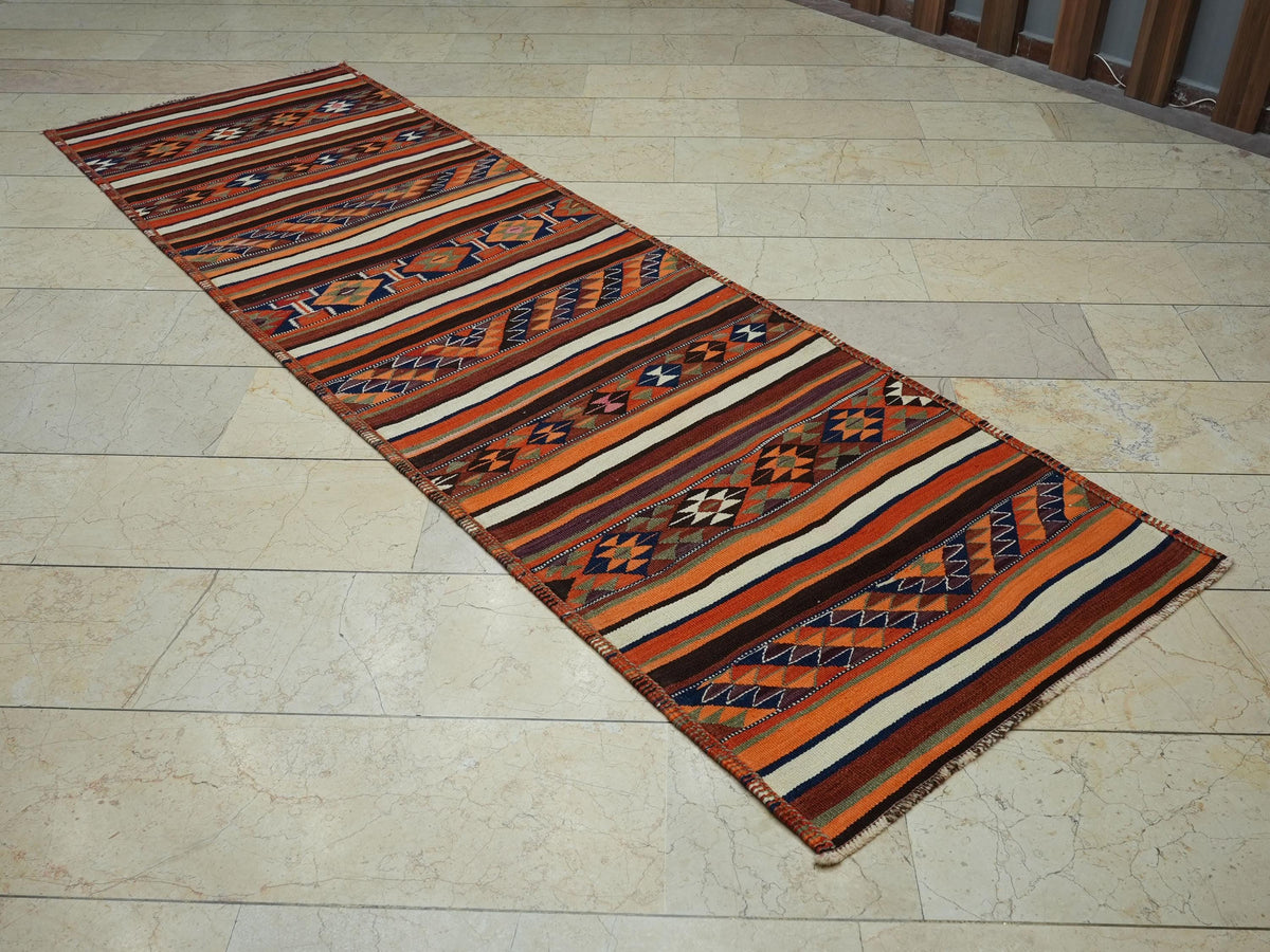 Kurdish Wedding Gift Kilim Rug Runner: 3x10 ft Striped Wool Old Rugs
