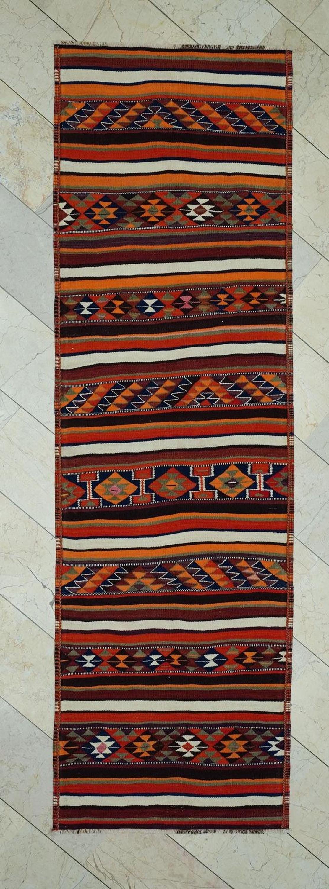 Kurdish Wedding Gift Kilim Rug Runner: 3x10 ft Striped Wool Old Rugs
