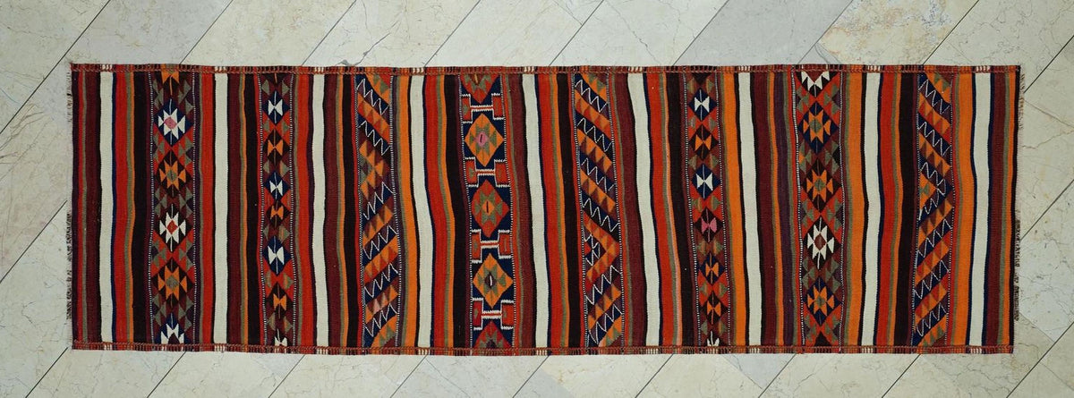 Kurdish Wedding Gift Kilim Rug Runner: 3x10 ft Striped Wool Old Rugs