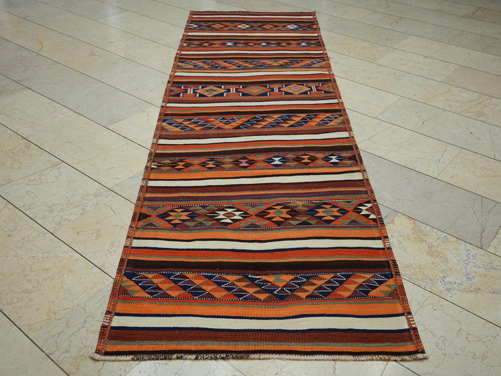Kurdish Wedding Gift Kilim Rug Runner: 3x10 ft Striped Wool Old Rugs