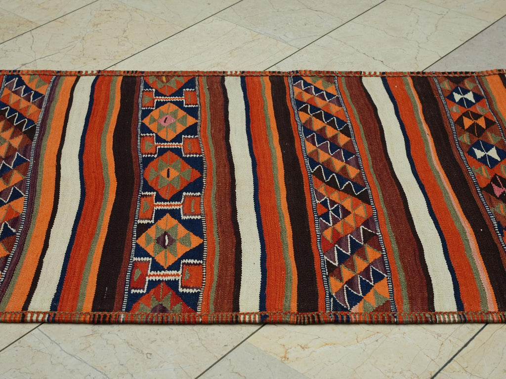 Kurdish Wedding Gift Kilim Rug Runner: 3x10 ft Striped Wool Old Rugs