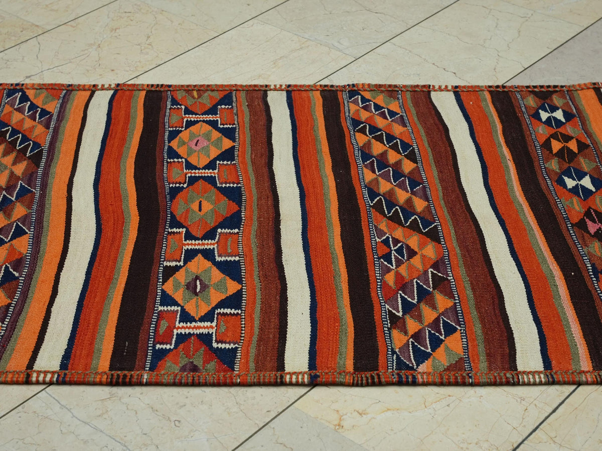 Kurdish Wedding Gift Kilim Rug Runner: 3x10 ft Striped Wool Old Rugs