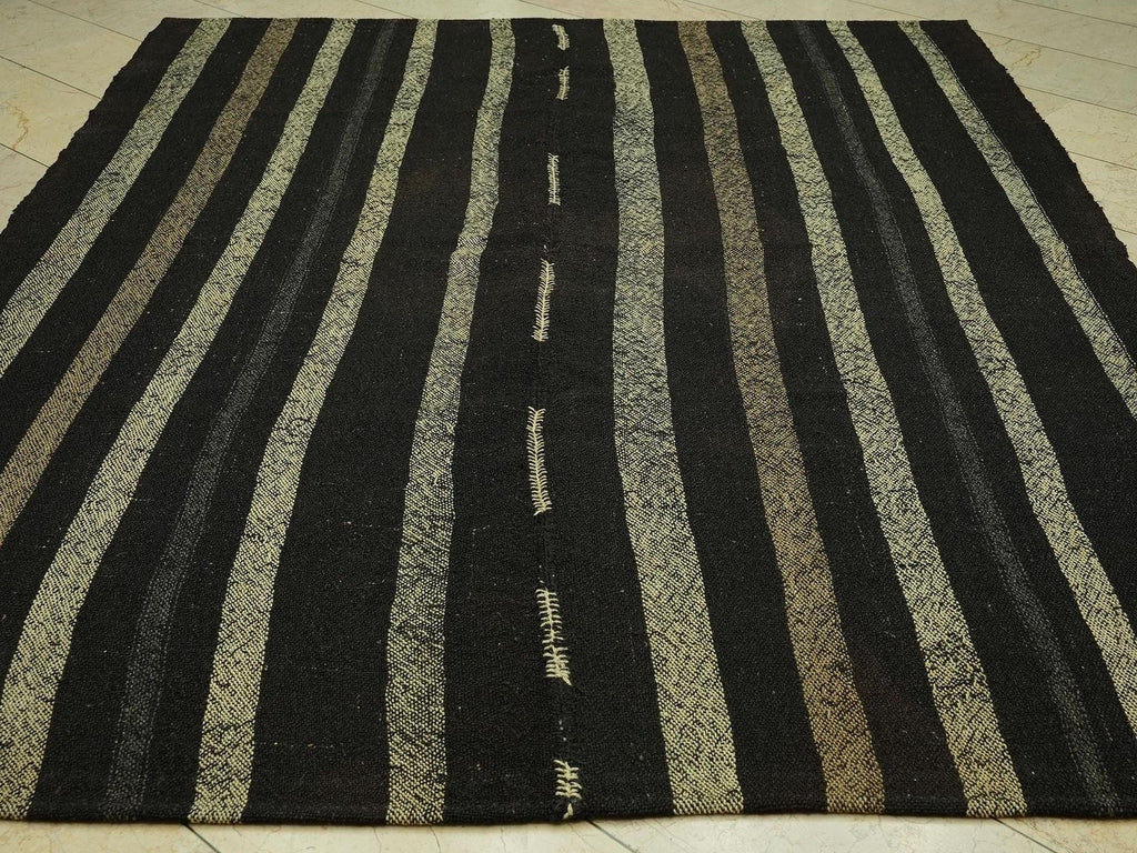 7x9 Dark Brown & Cream Natural Goat Hair Rug: Outdoor Decor Turkish Nomadic Woven Rugs.