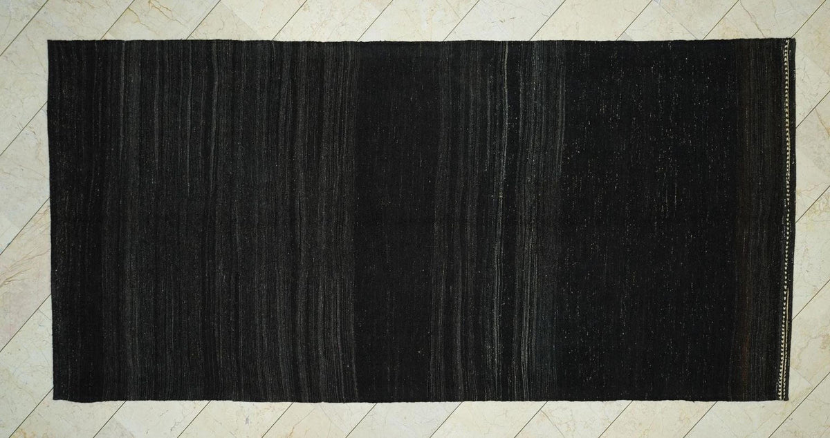 Striped Goat Hair Kilim Rug: Dark Brown & Gray, Turkish Flat Weave Rugs, 5.7x11.6 ft.