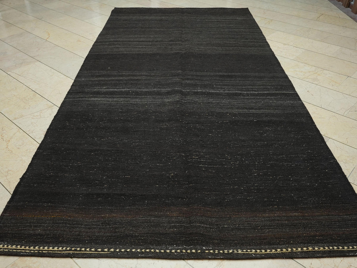 Striped Goat Hair Kilim Rug: Dark Brown & Gray, Turkish Flat Weave Rugs, 5.7x11.6 ft.