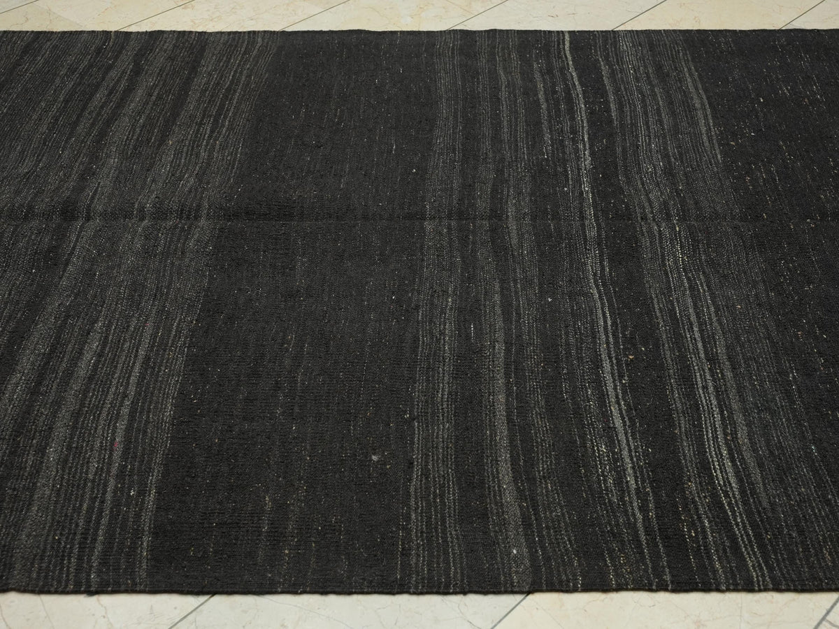 Striped Goat Hair Kilim Rug: Dark Brown & Gray, Turkish Flat Weave Rugs, 5.7x11.6 ft.
