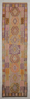 4x14 Pastel Colors Wool Kars Kilim Rug: Antique Turkish Flat Weave Rugs.