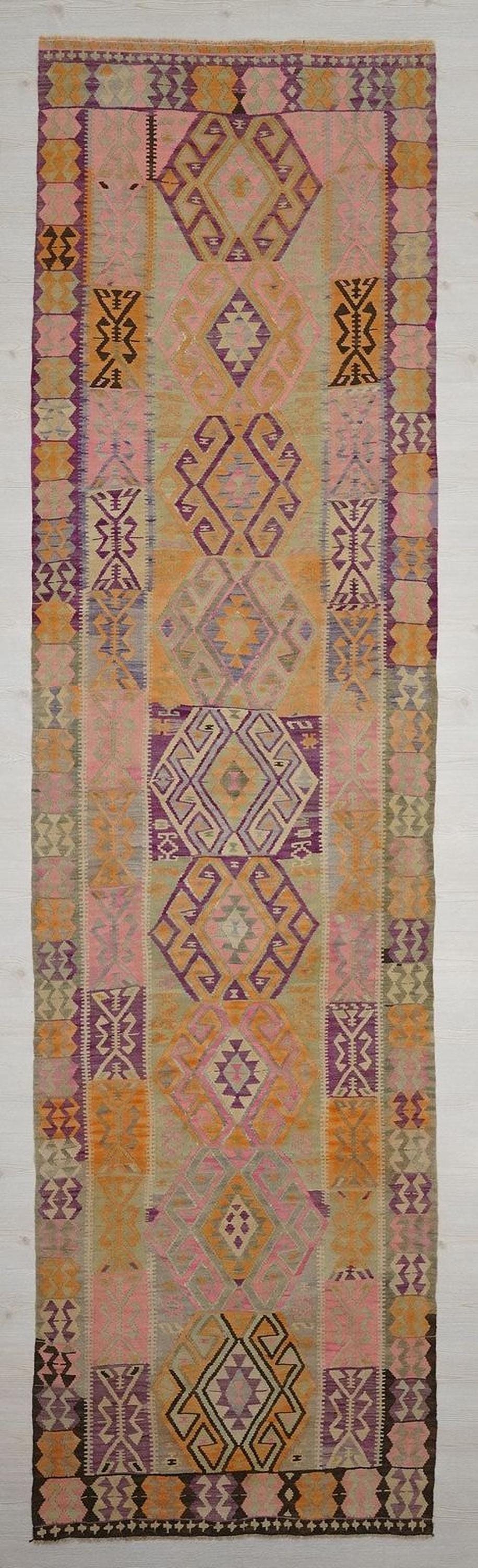 4x14 Pastel Colors Wool Kars Kilim Rug: Antique Turkish Flat Weave Rugs.