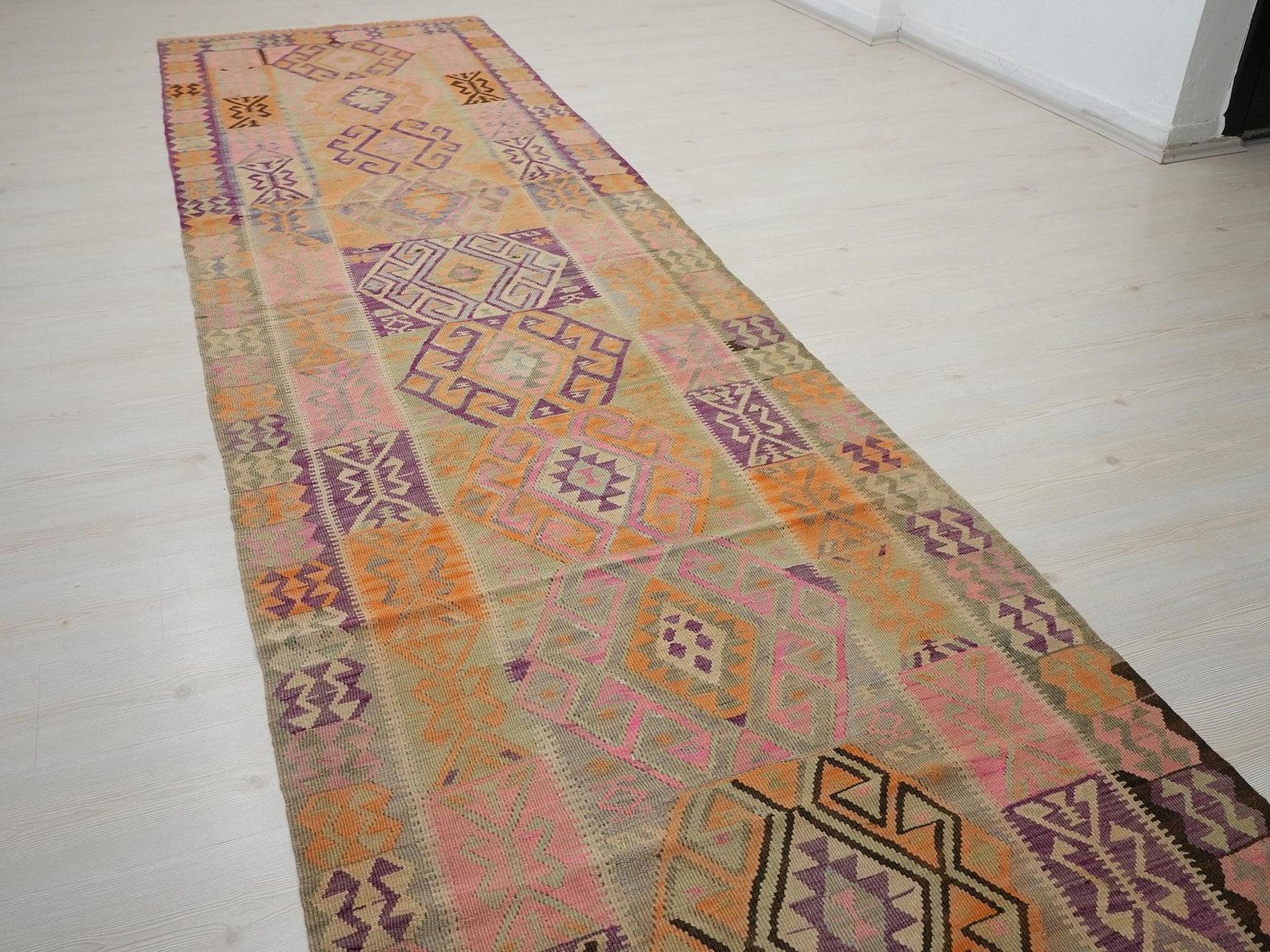 4x14 Pastel Colors Wool Kars Kilim Rug: Antique Turkish Flat Weave Rugs.