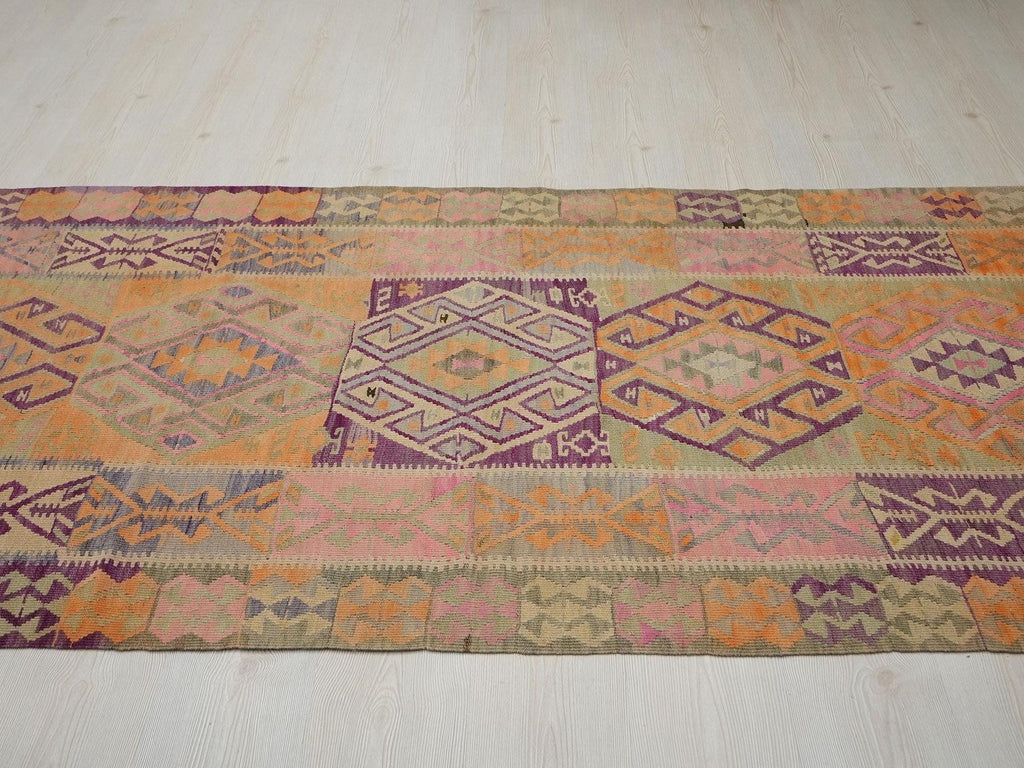 4x14 Pastel Colors Wool Kars Kilim Rug: Antique Turkish Flat Weave Rugs.