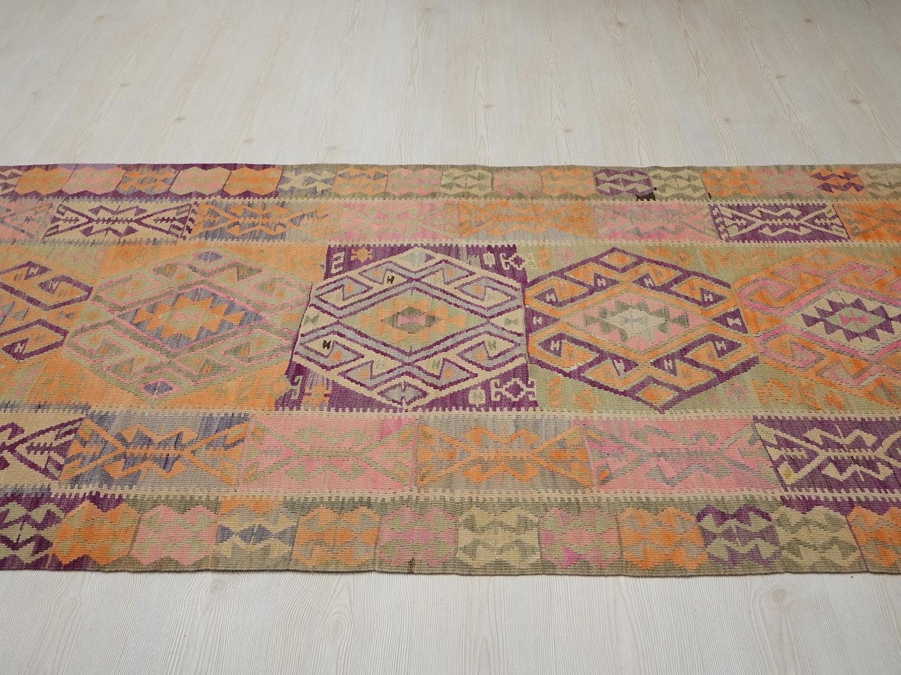 4x14 Pastel Colors Wool Kars Kilim Rug: Antique Turkish Flat Weave Rugs.