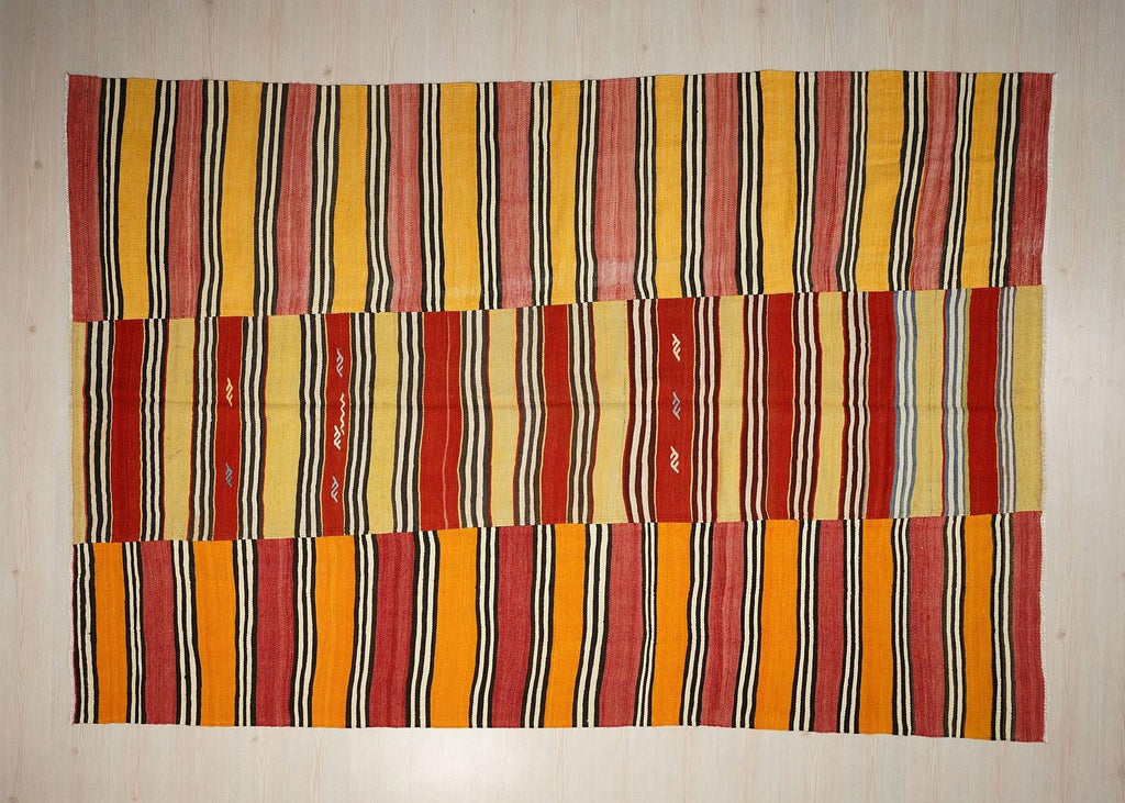 Large Stripe Design Kilim Rug: 6.6x10 ft, Red Yellow Turkish Rugs