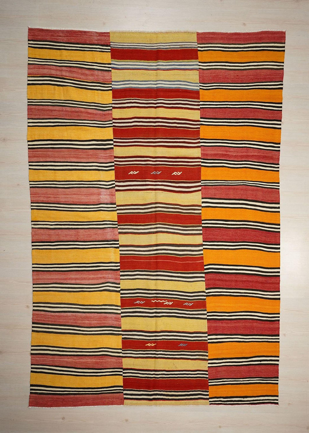 Large Stripe Design Kilim Rug: 6.6x10 ft, Red Yellow Turkish Rugs
