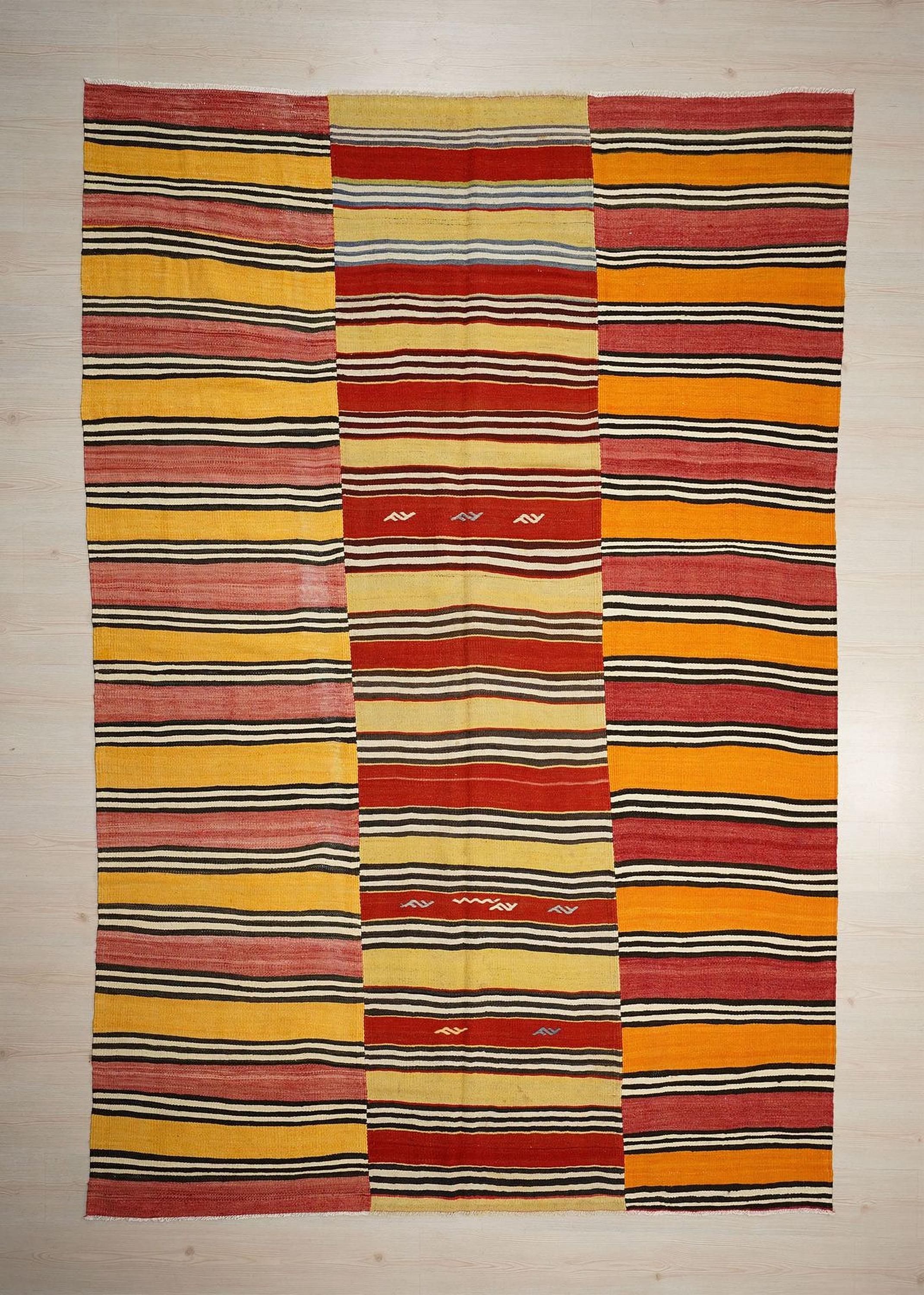 Large Stripe Design Kilim Rug: 6.6x10 ft, Red Yellow Turkish Rugs