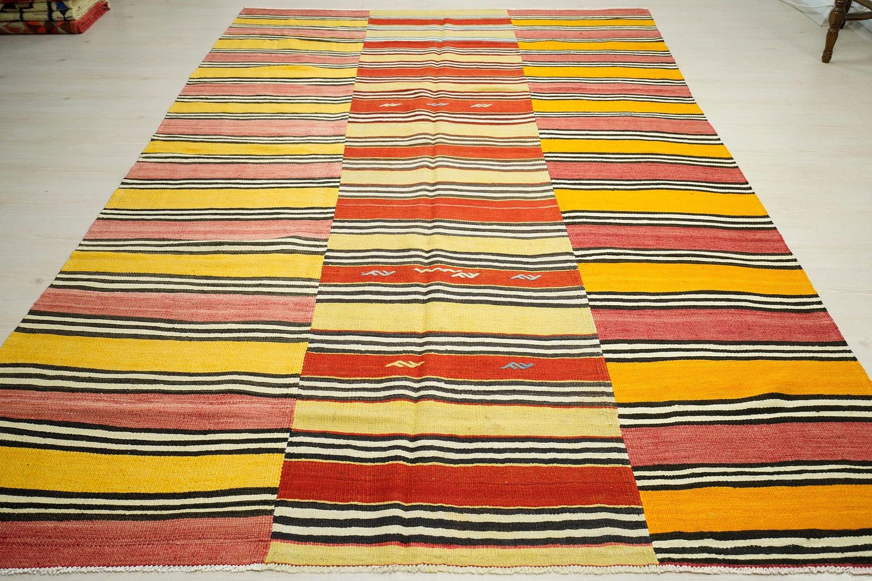 Large Stripe Design Kilim Rug: 6.6x10 ft, Red Yellow Turkish Rugs