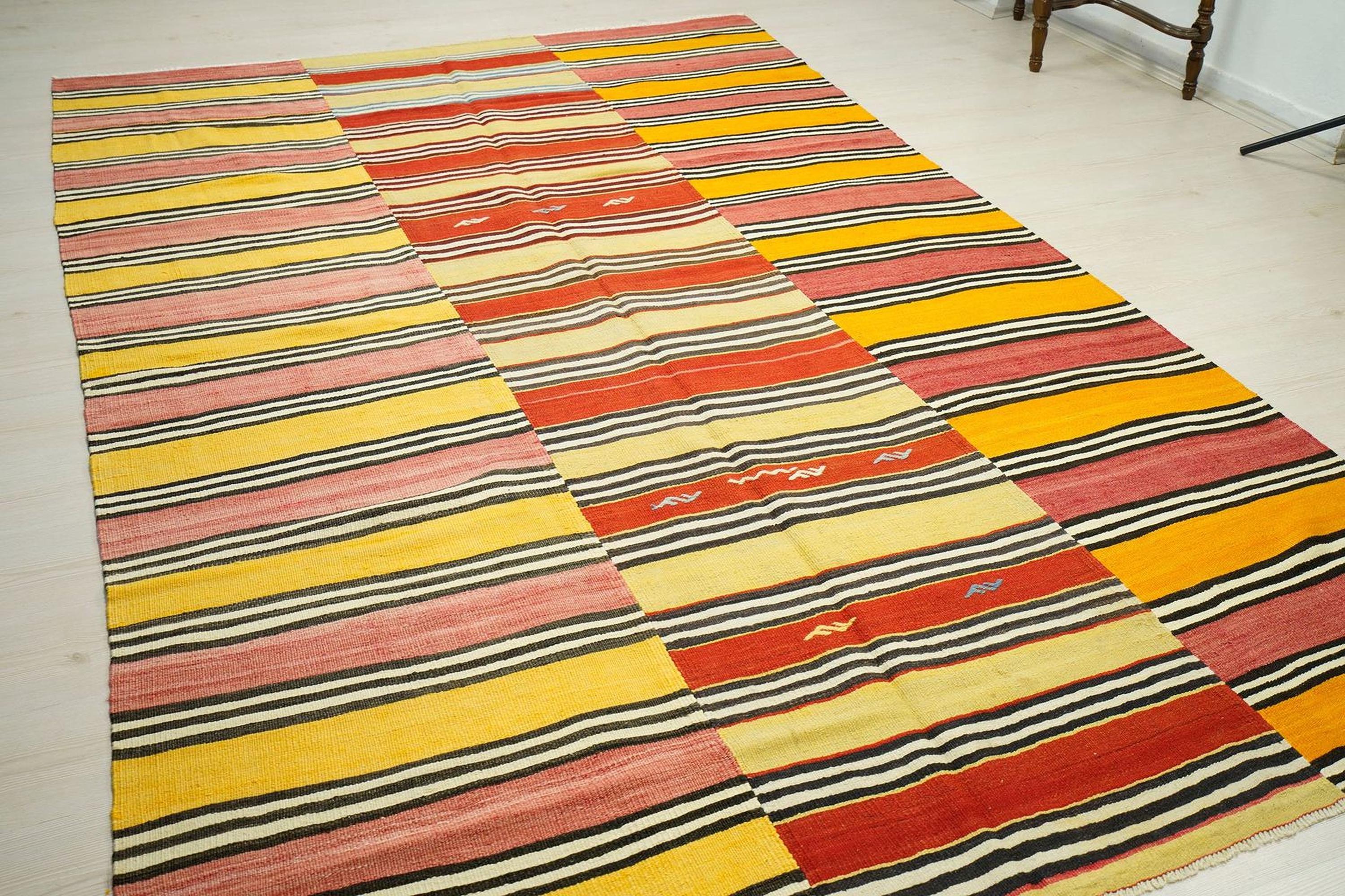 Large Stripe Design Kilim Rug: 6.6x10 ft, Red Yellow Turkish Rugs