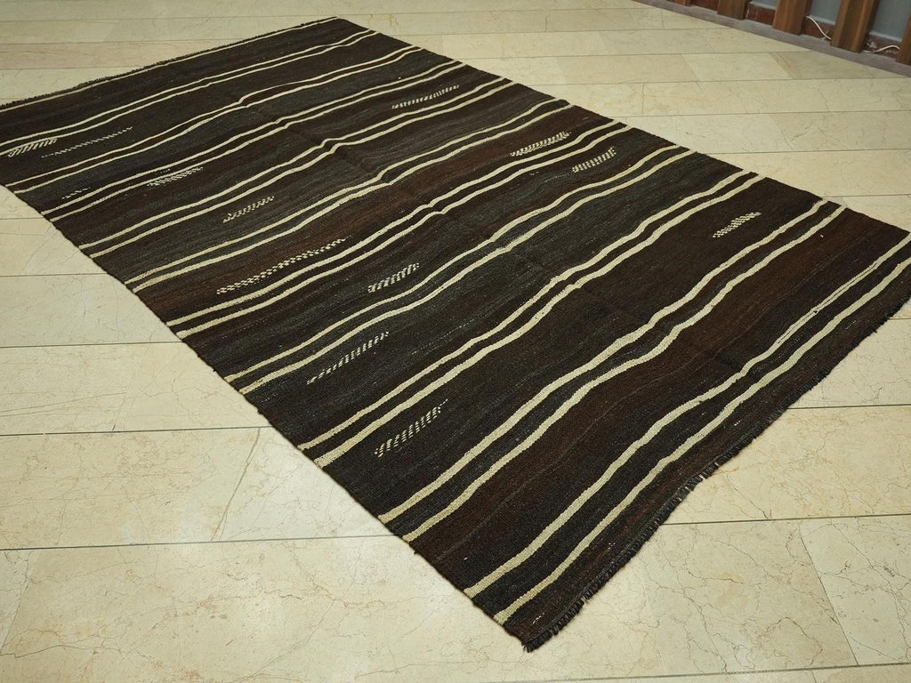 Cream Stripe Dark Brown Goat Hair Kilim Rug:5.6x9.2 Feet,Outdoor Decor Flatweave Rugs.