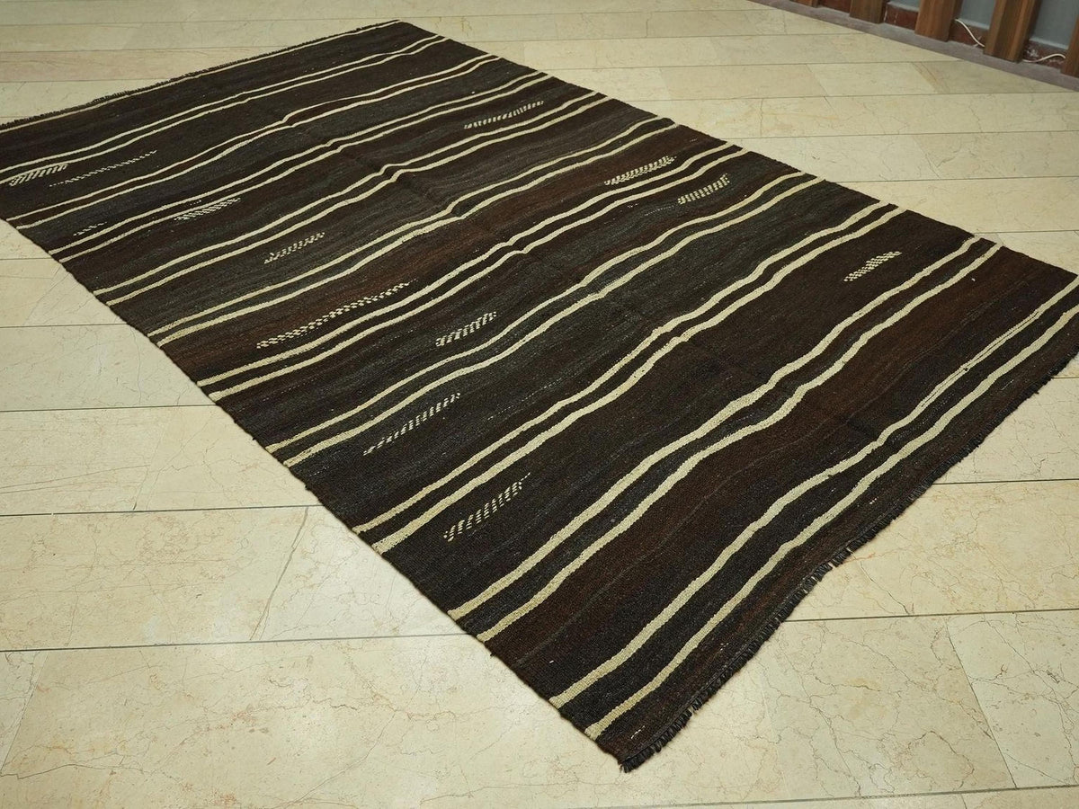 Cream Stripe Dark Brown Goat Hair Kilim Rug:5.6x9.2 Feet,Outdoor Decor Flatweave Rugs.