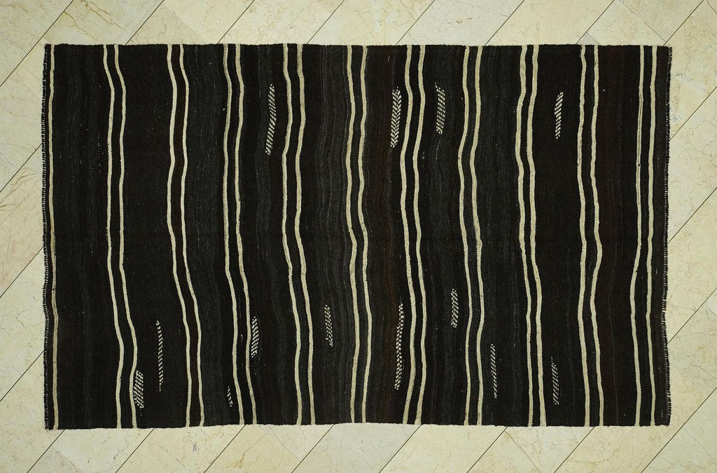 Cream Stripe Dark Brown Goat Hair Kilim Rug:5.6x9.2 Feet,Outdoor Decor Flatweave Rugs.